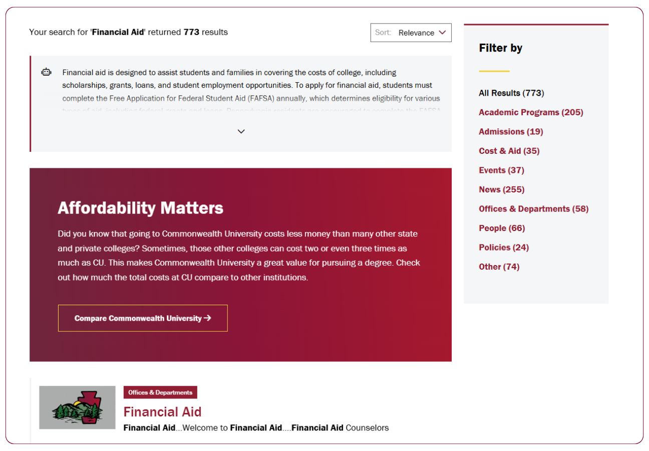 Cludo search results on the Commonwealth University website
