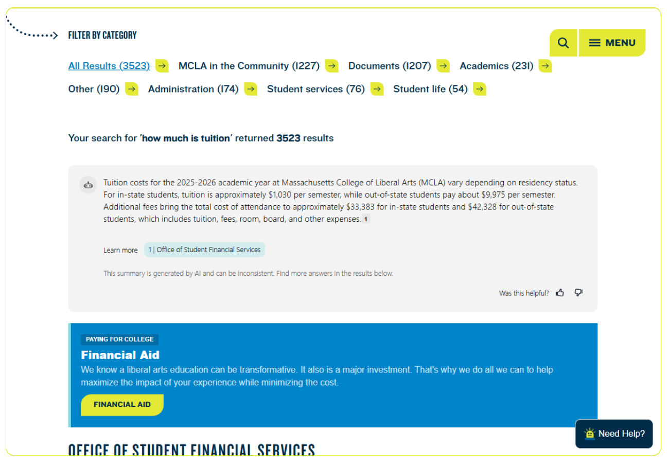 AI Summary on the Massachusetts College of Liberal Arts website showing a tuition breakdown answer