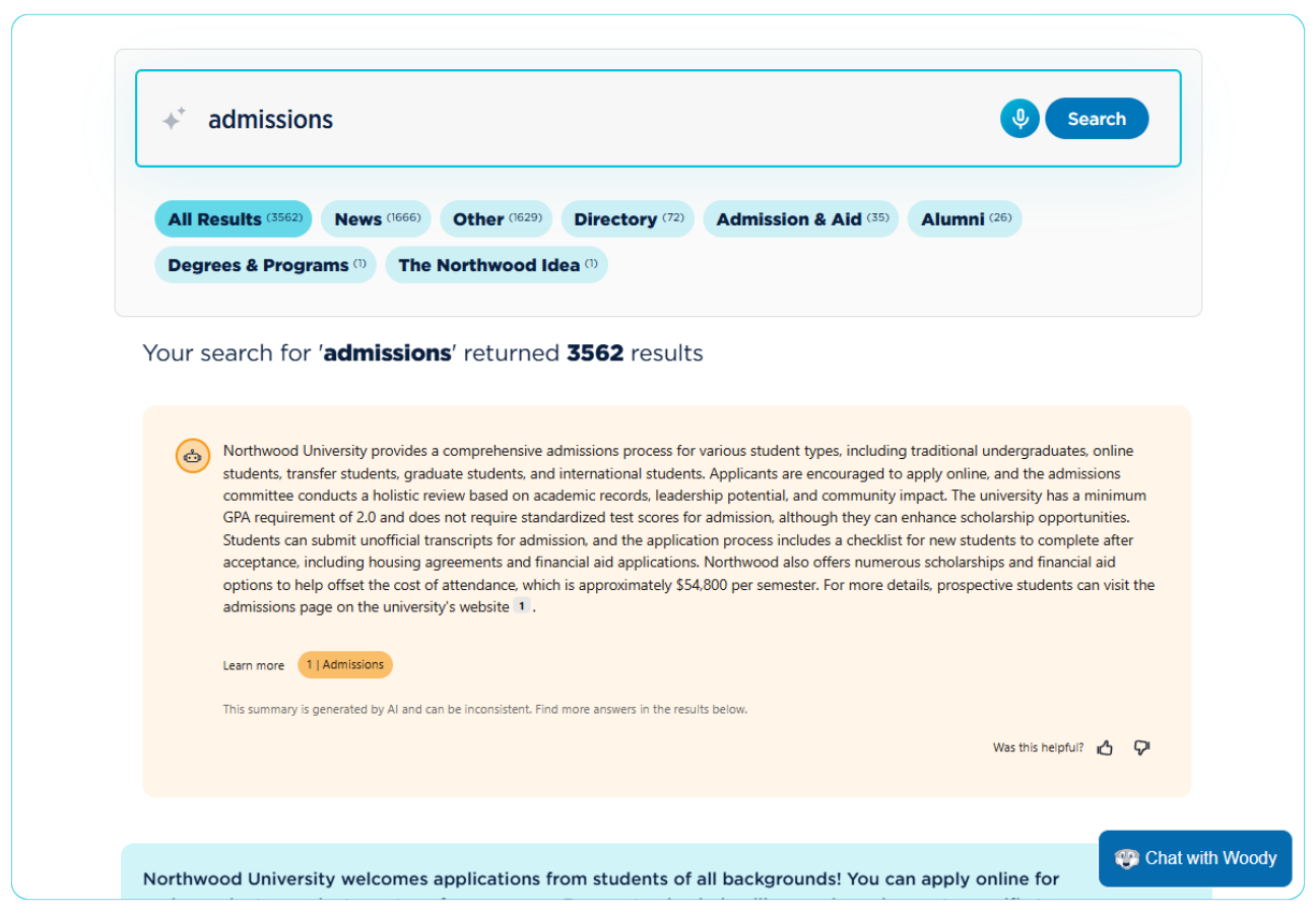 AI Summary on the Northwood University website showing Move-In Day dates