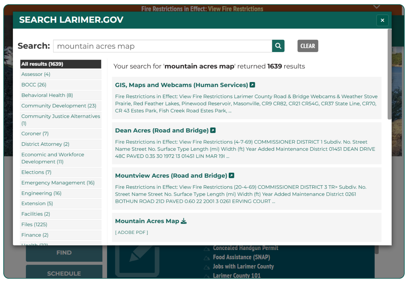 Cludo search results on the Larimer County website