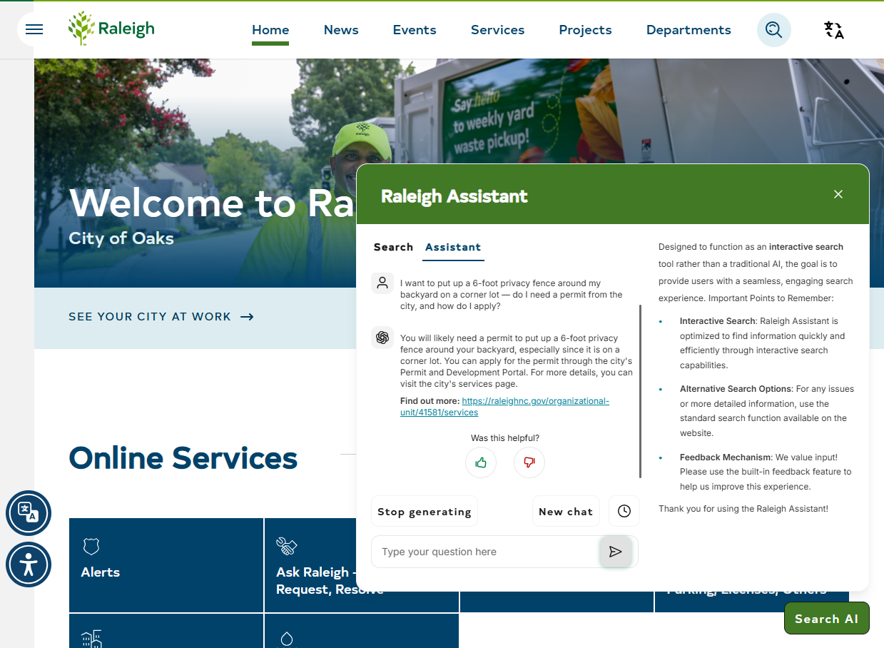 Cludo search results on the City of Raleigh website