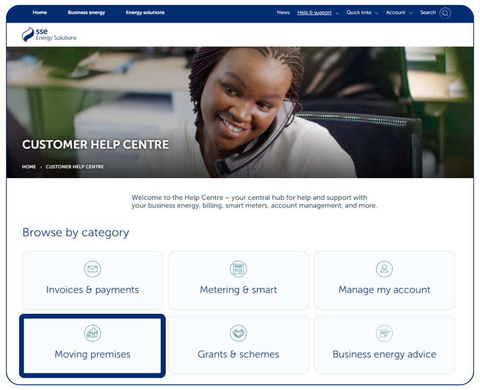 Moving Premises section on the SSE Help Centre home page